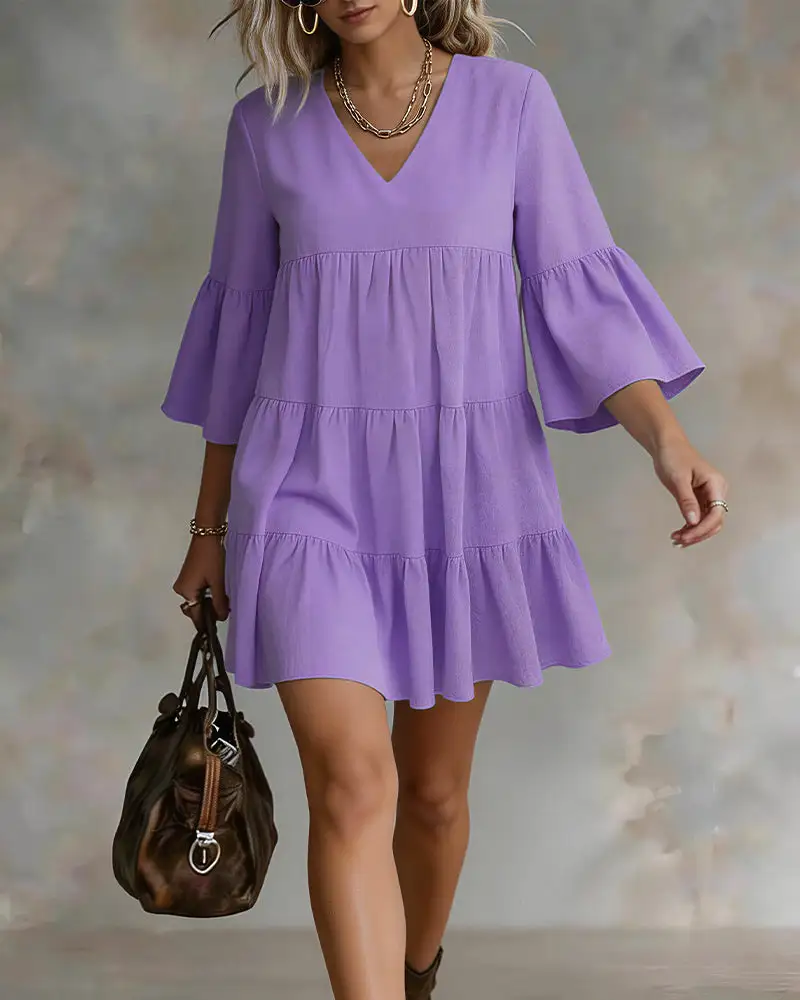 V-Neck Bell Sleeve Ruffle Tiered Mini Dress