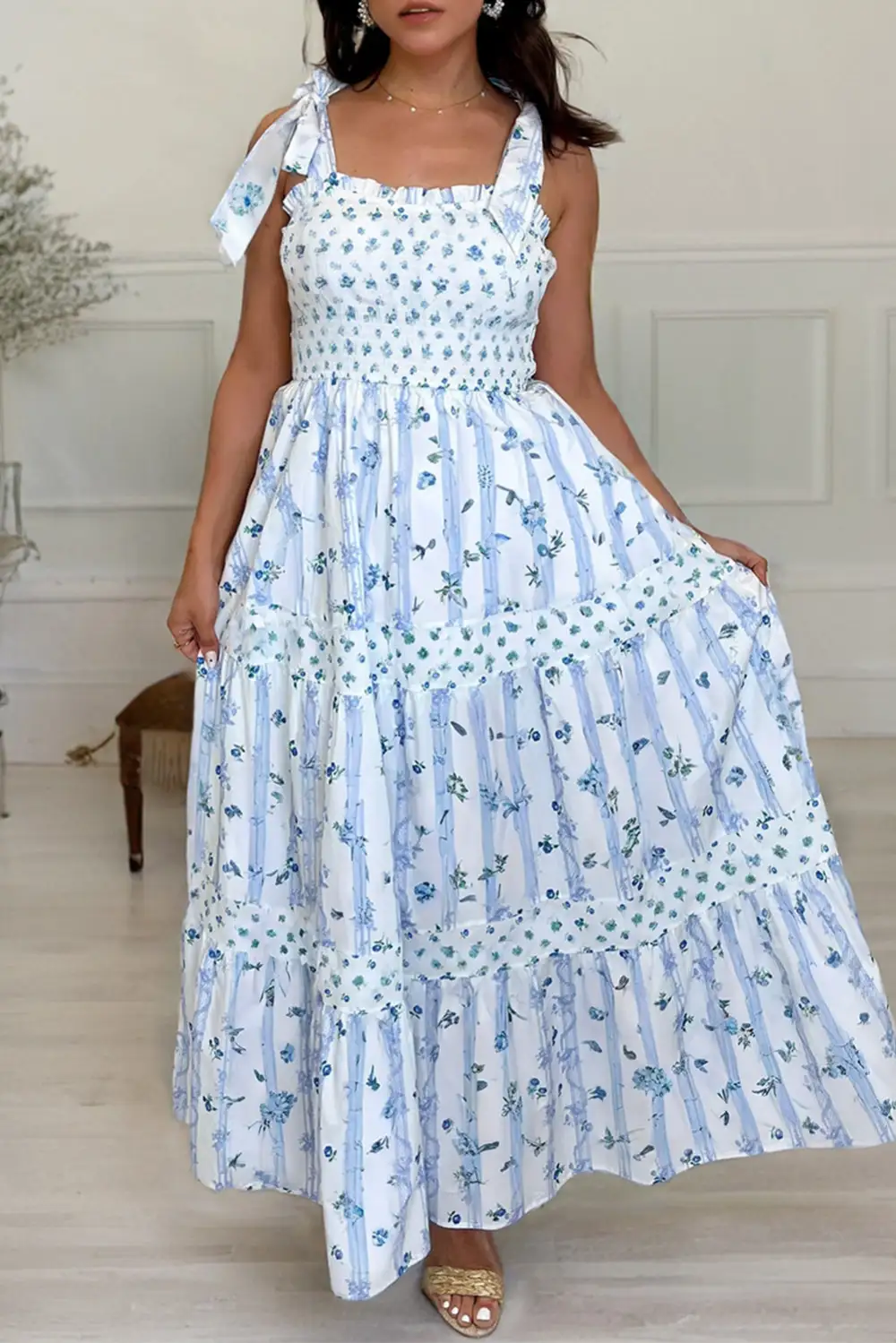 Sky Floral Smocked Tied Straps A-lined Tiered Maxi Dress