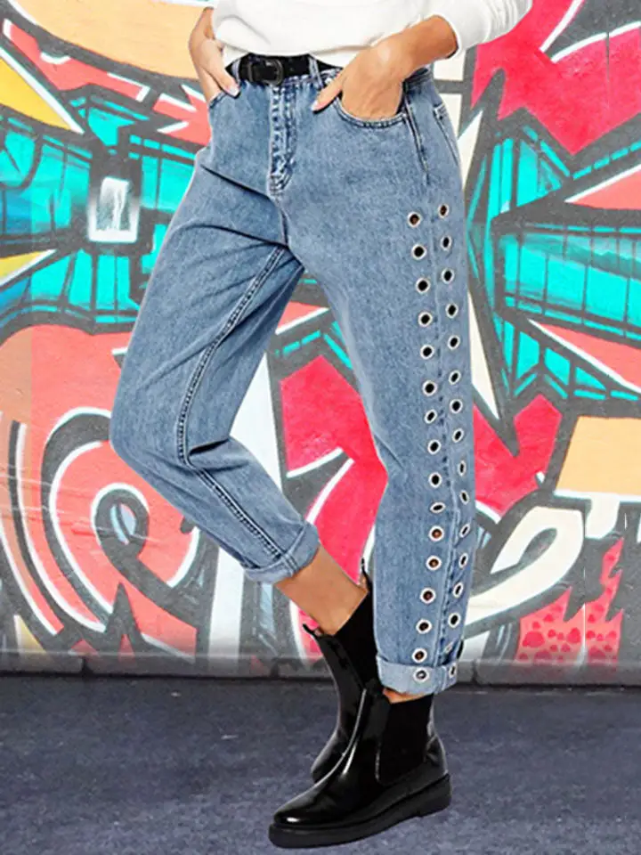 Button Fly Openwork Denim Jeans