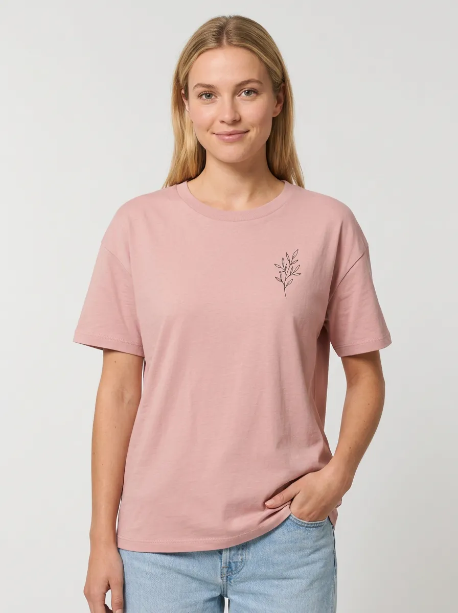 Women's Minimalist Botanical Leaf Printed Pink T-shirt