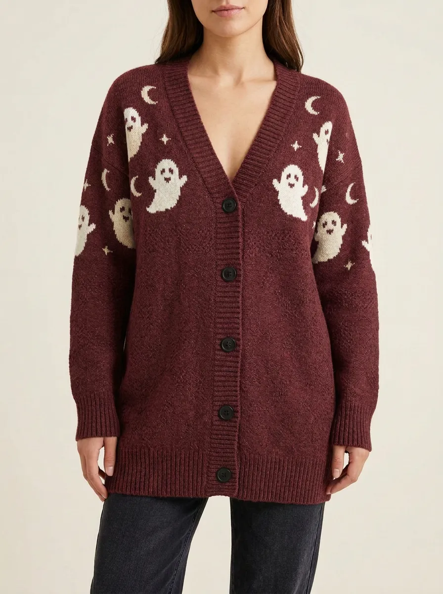 Women's Ghost Moon Halloween Print Cardigan