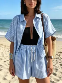 Drawstring Striped Shirt and Shorts Matching Set