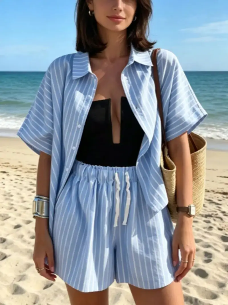 Drawstring Striped Shirt and Shorts Matching Set