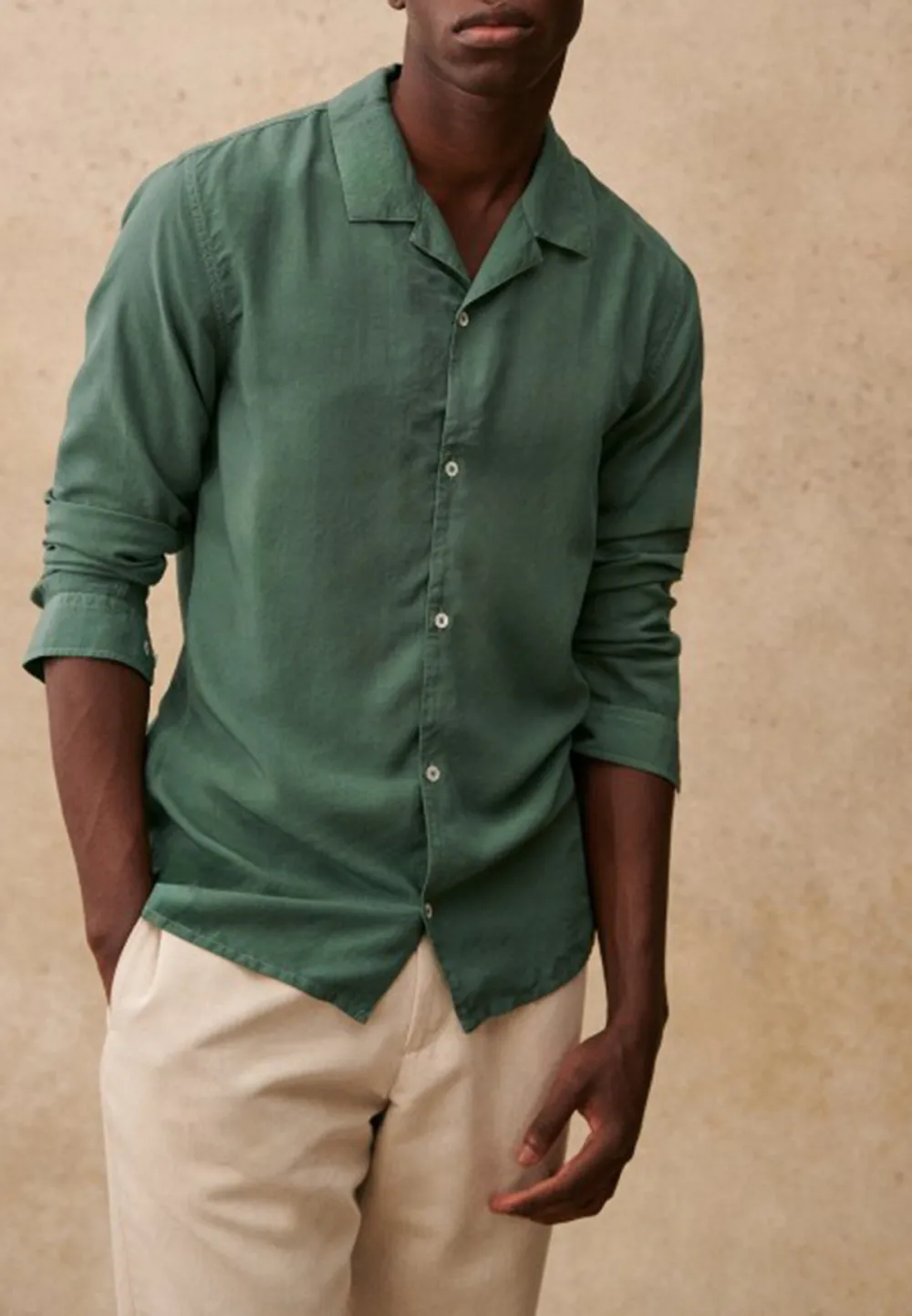 Forest Green Camp Collar Long Sleeve Cotton Shirt
