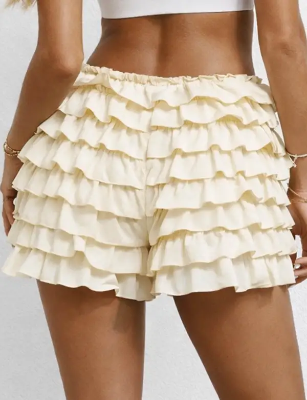 Tiered Ruffle Solid Color Elastic Waist Mini Shorts