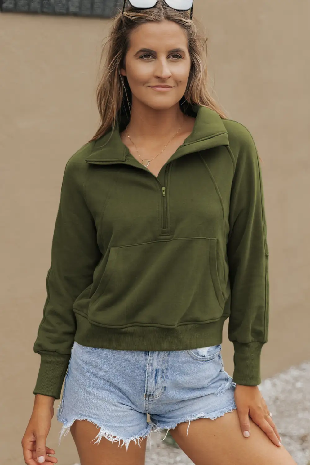 Zip Up Stand Collar Ribbed Thumbhole Sleeve Sweatshirt