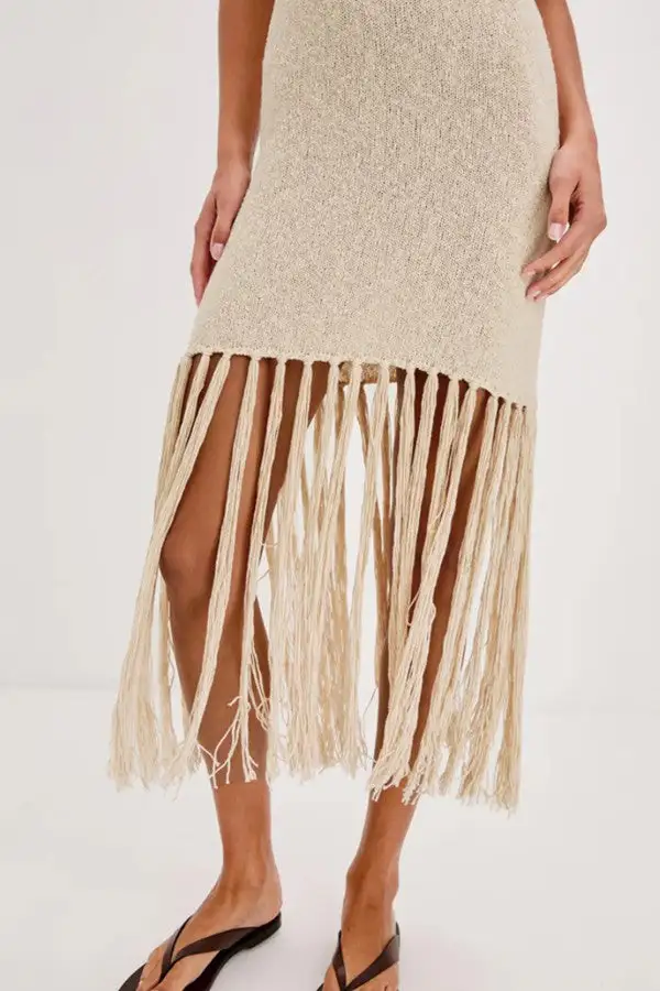 Beige Knit Fringe Hem One Shoulder Dress