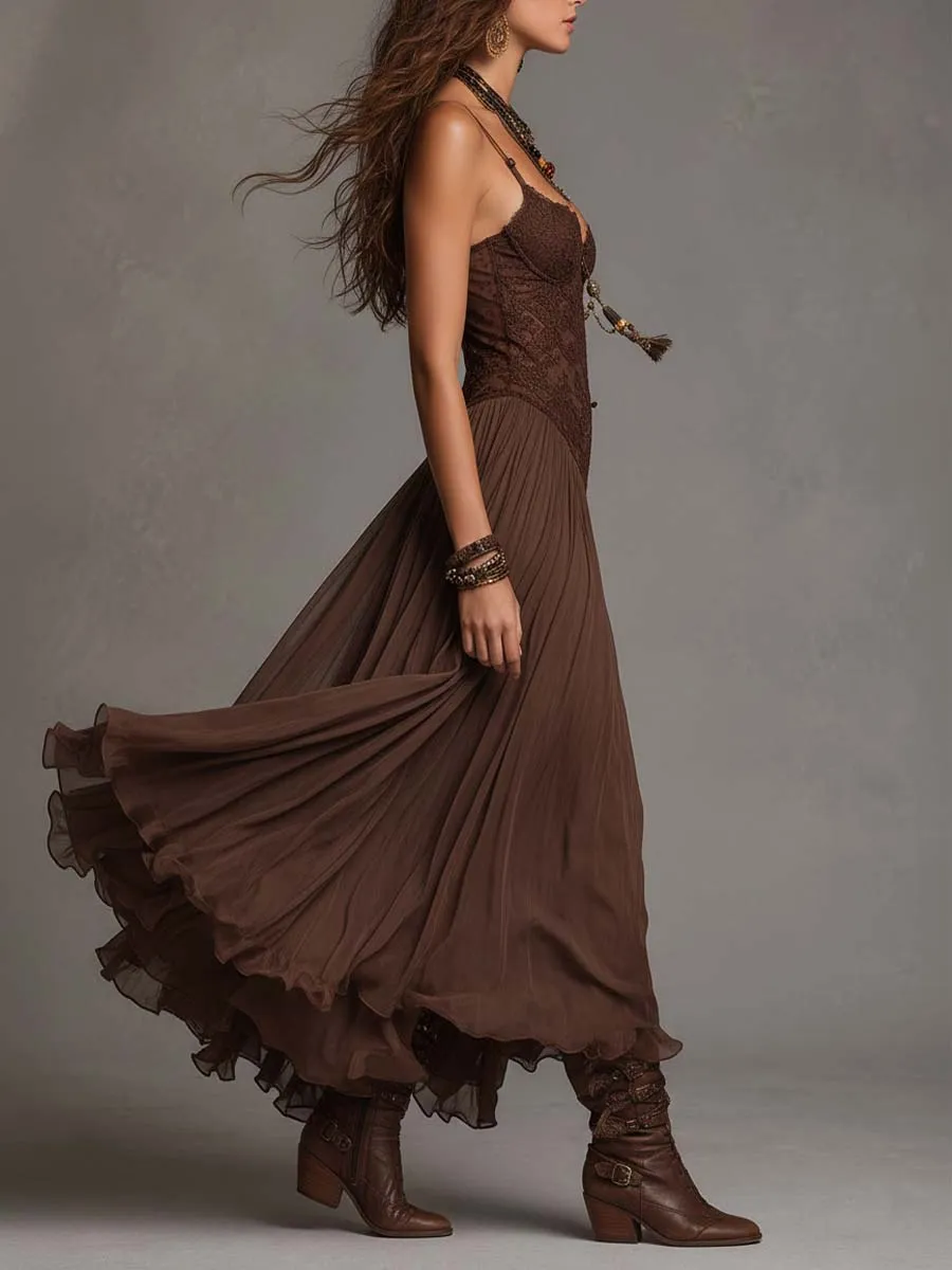 Dark Brown Lace And Chiffon Corset Maxi Dress