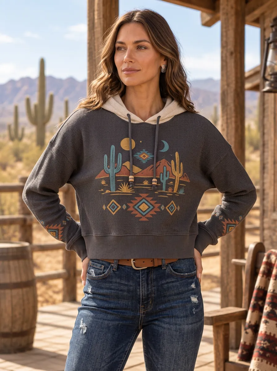 Women's Western Desert Cactus Southwestern Geometric Printed Hoodie