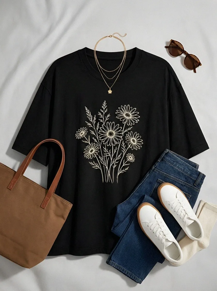 Women's Floral Nature Lover Daisy Bouquet Printed T-shirt