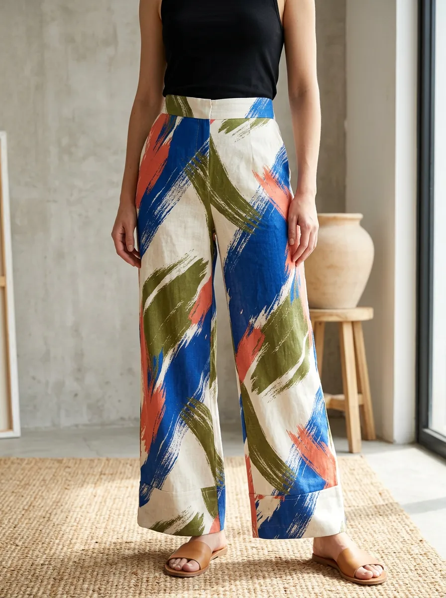 Women's Modern Abstract Brushstroke Pattern Printed Wide Leg Pants