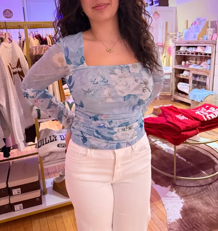 Blue Floral Mesh Relaxed Top