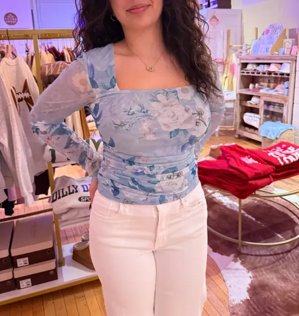 Blue Floral Mesh Relaxed Top