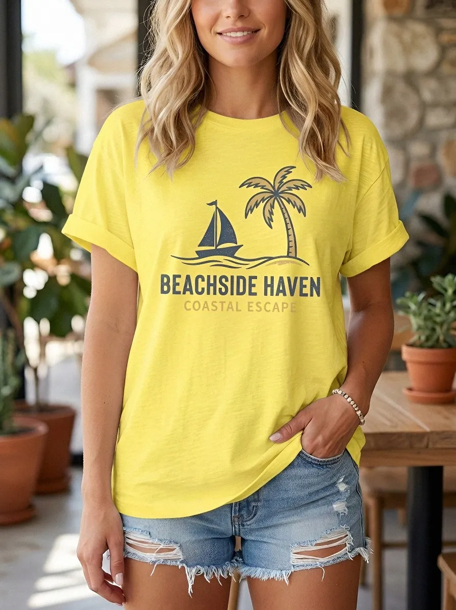 Women's Beachside Haven Sailboat Palm Tree Printed T-shirt