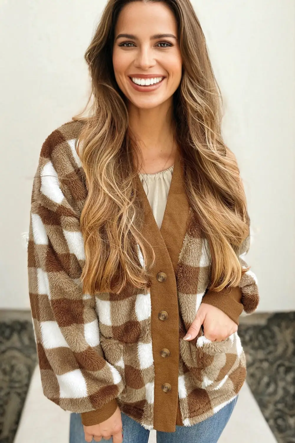 Checkered Sherpa Loose Knit Pocketed Cardigan