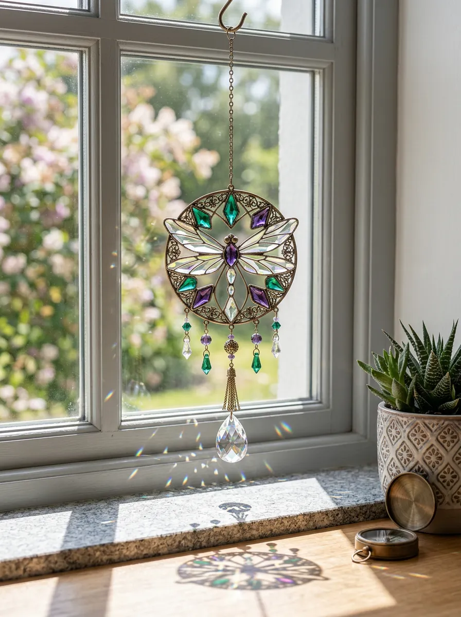 Dragonfly Gemstone Metal Printed Suncatcher