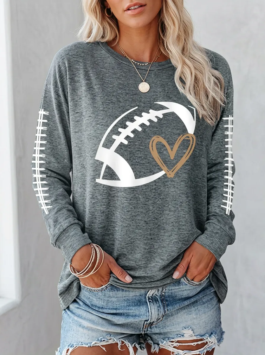 Women's Dynamic Gridiron Heart Ball Love Crewneck Long Sleeve T-Shirt