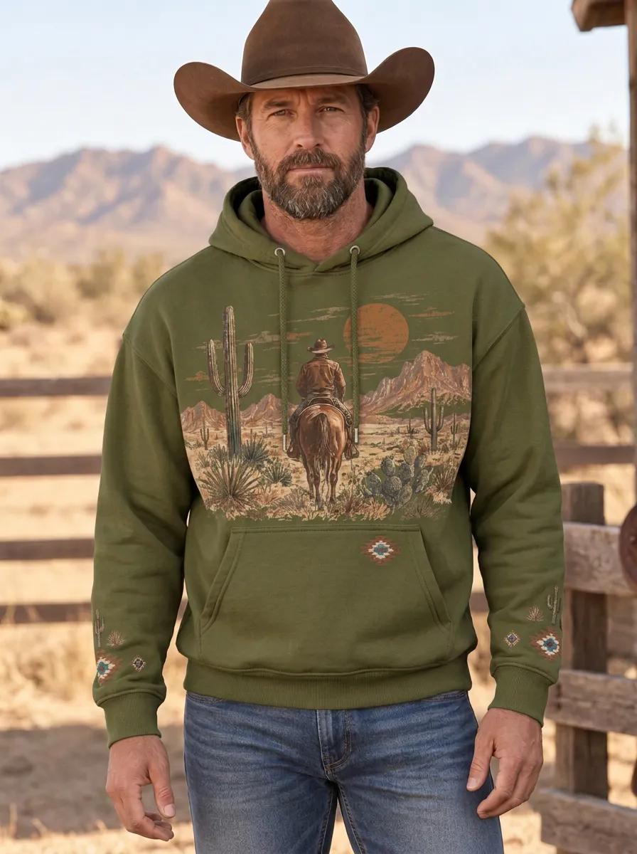 Men's Heritage Inspired Western Cowboy Cactus Desert Graphic Hoodie
