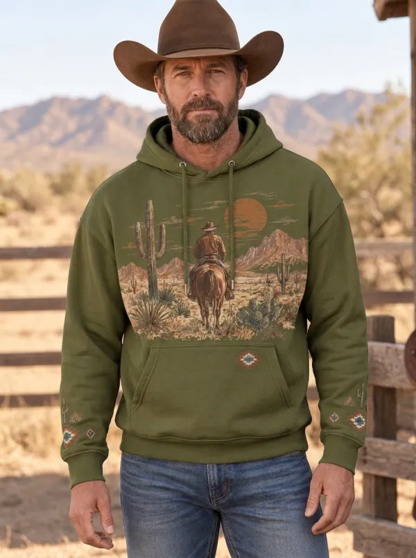 Men's Heritage Inspired Western Cowboy Cactus Desert Graphic Hoodie