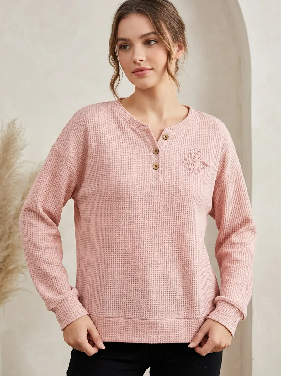 Women's Nature Lover Bird Floral Printed Waffle Knit Henley Sweatshirt