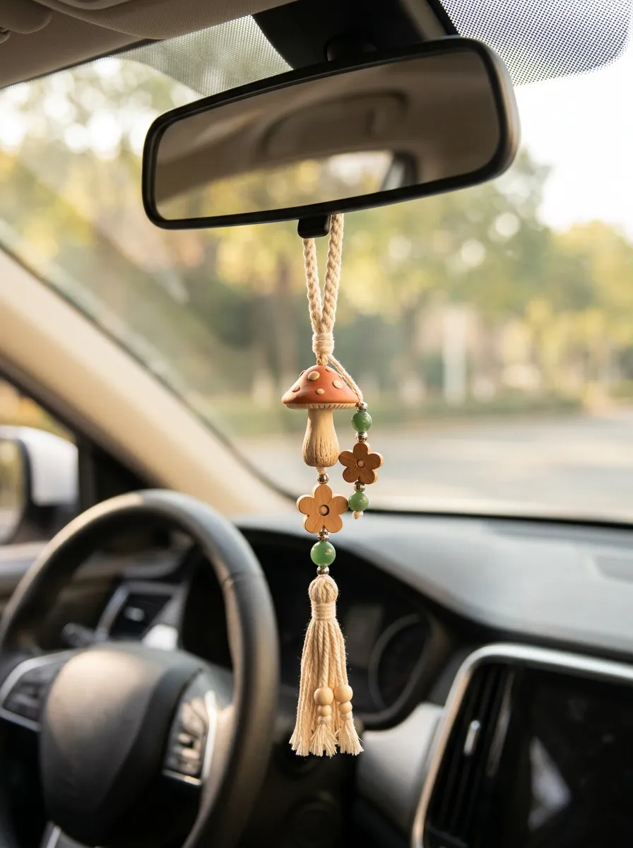 Refined Macrame Mushroom Rearview Mirror Hanging Ornament