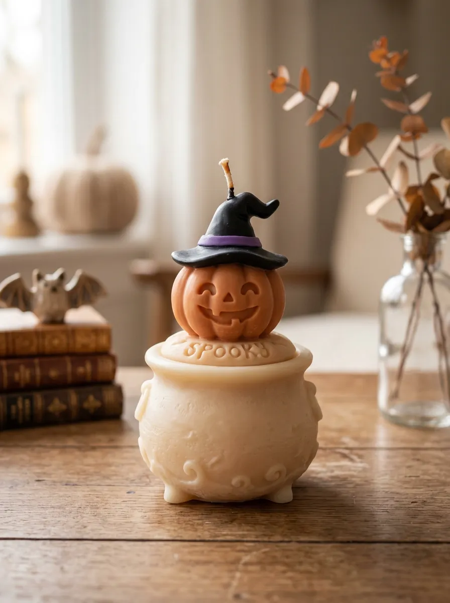 Halloween Spooky Pumpkin Witch Hat Cauldron Shaped Candle