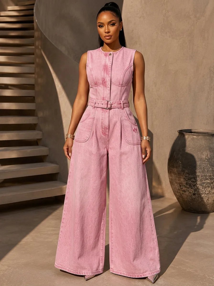 Pink Casual Floral Embroidered Sleeveless Denim Jumpsuit