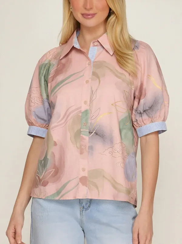 Women's Abstract Watercolor Floral Printed Puff Sleeve Shirt