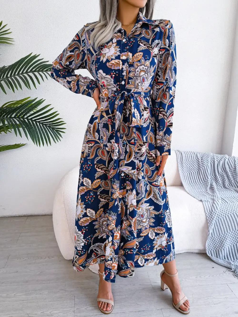 Long-Sleeve Printed Midi Dress