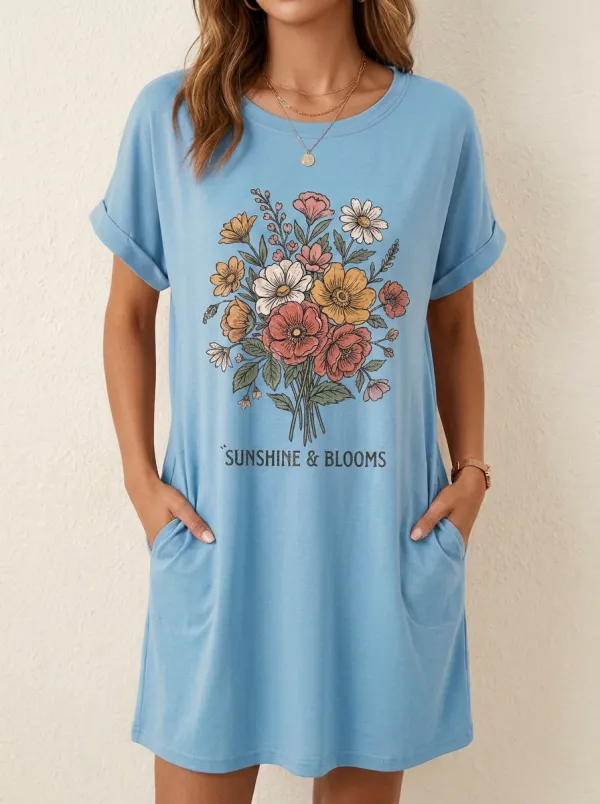 Sunshine And Blooms Floral Bouquet T-Shirt Dress