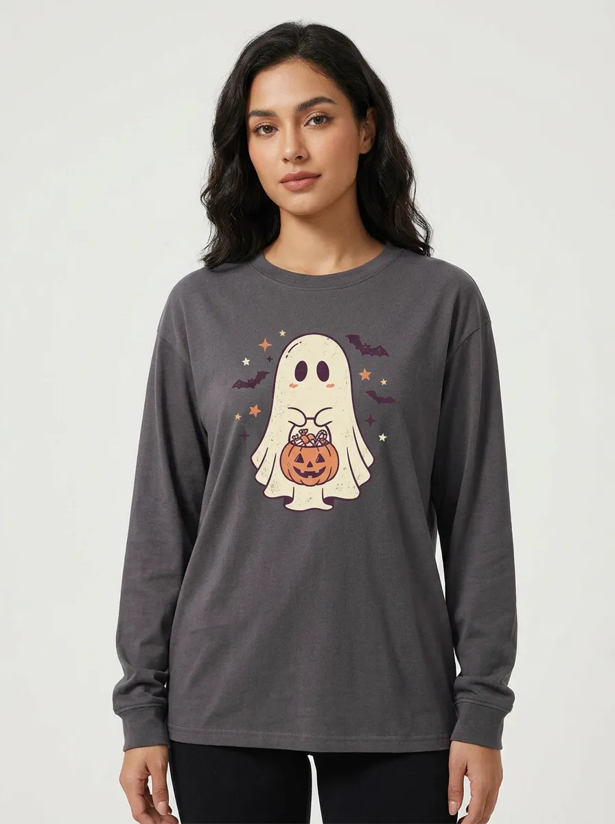 Women's Halloween Ghost Pumpkin Candy Printed Long Sleeve T-shirt