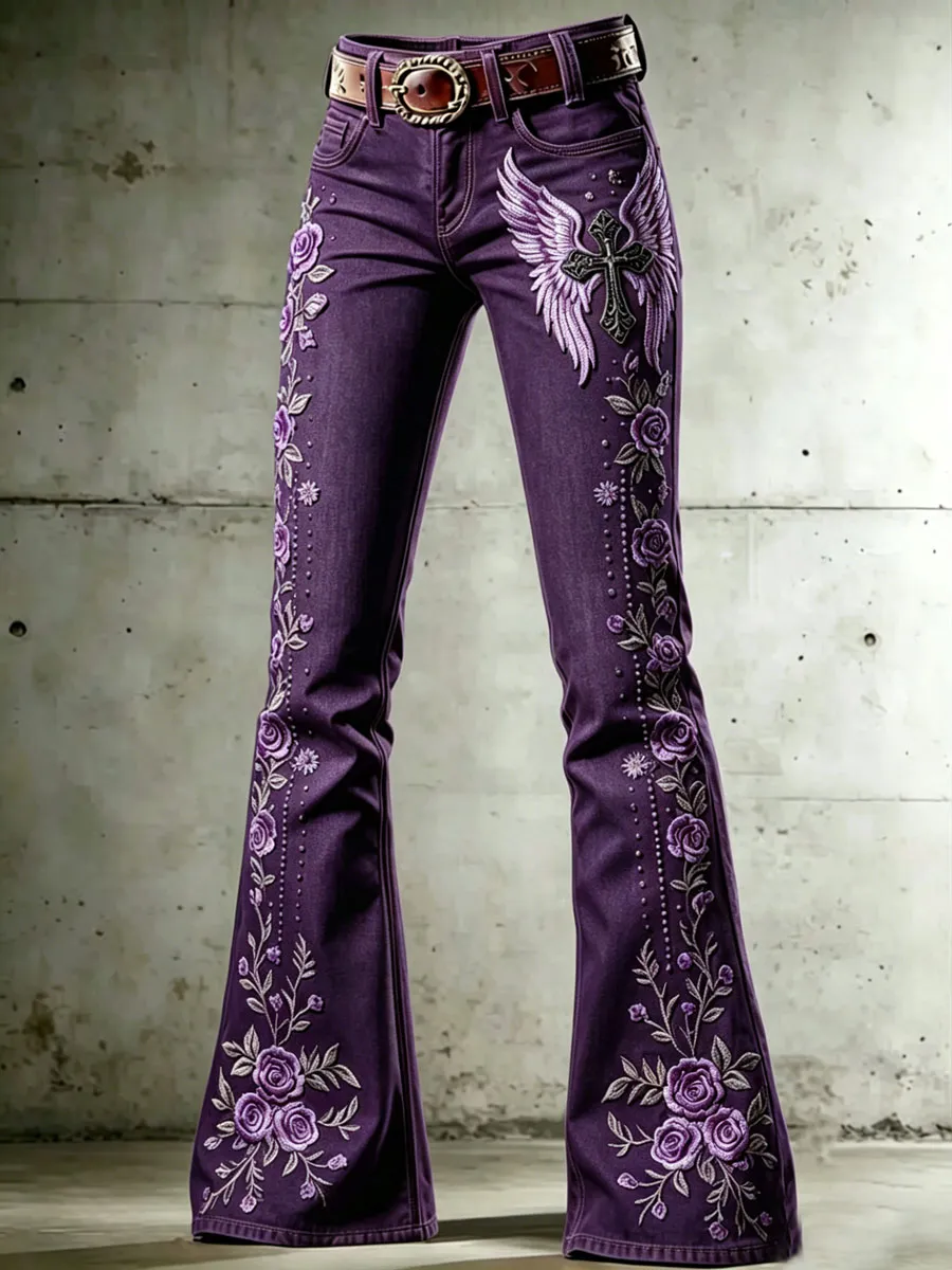 Ladies' Casual Trumpet Pants With Floral Wings And Cross Pattern