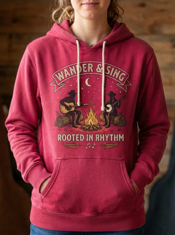 Western-Inspired Country Music Campfire Guitar Pullover Hoodie