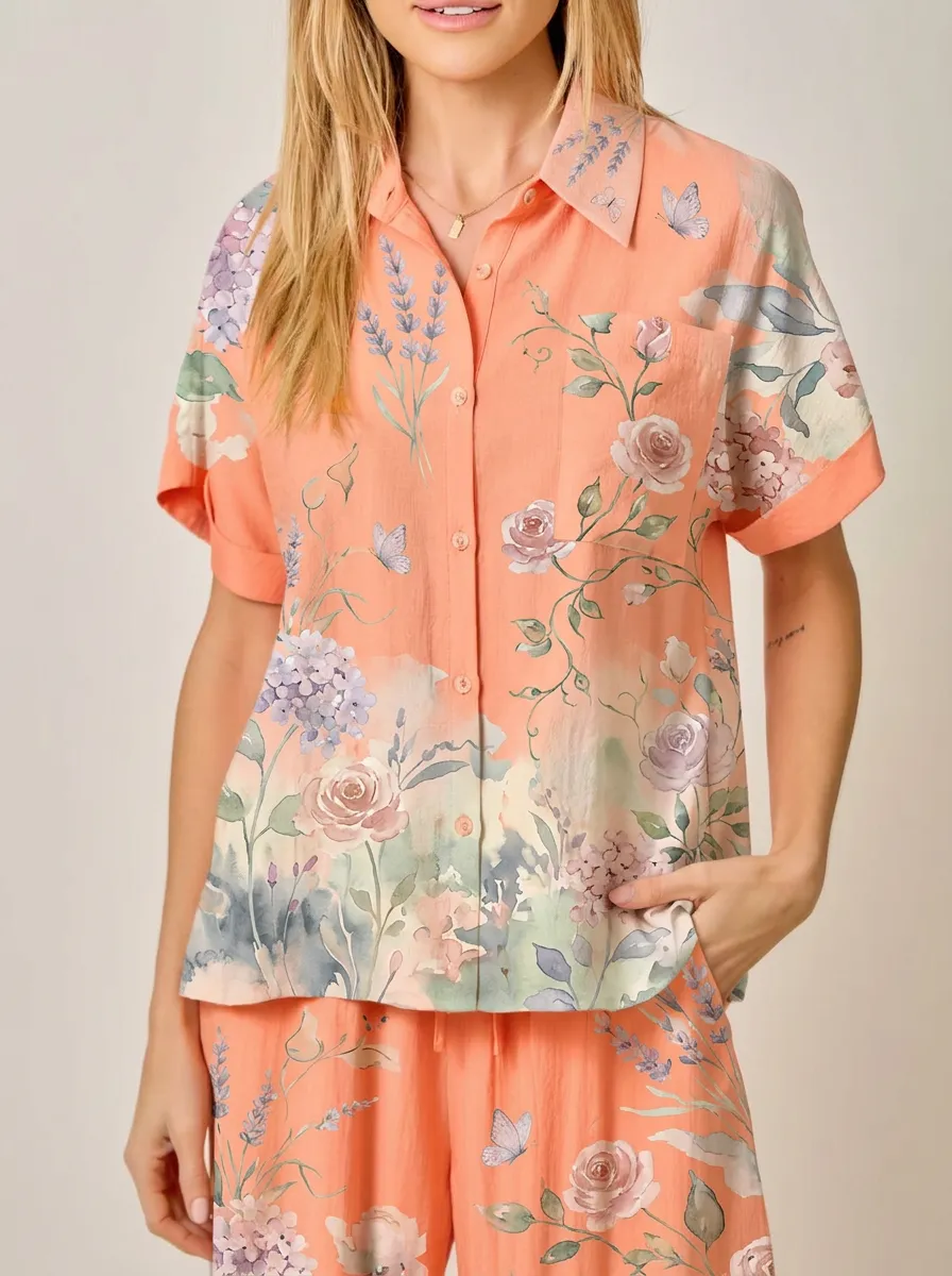Women's Floral Butterfly Garden Botanical Printed Button-up Shirt
