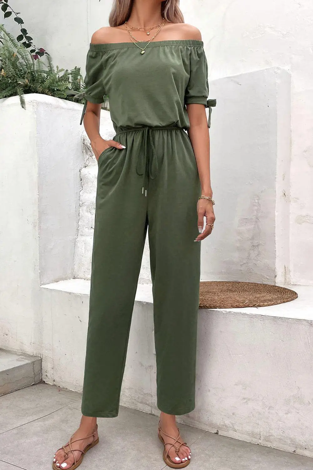 Shoulder Tie Cuff Pockets Jumpsuit