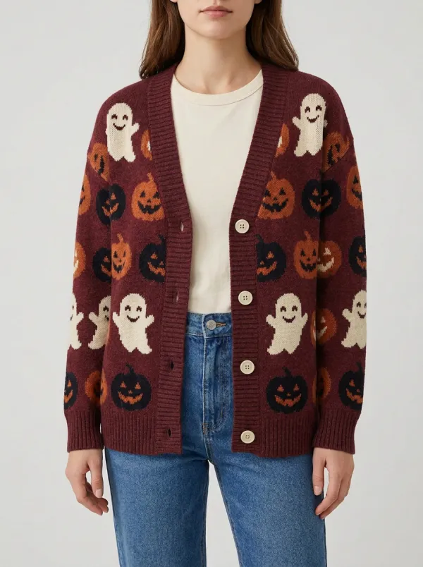 Women's Spooky Ghost Pumpkin Halloween Knit Cardigan