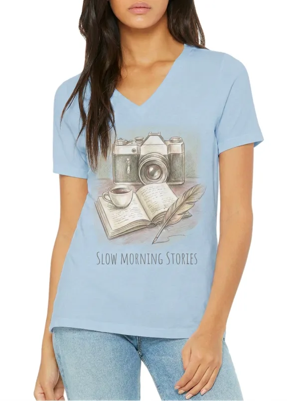 Women's Photography Writer Slow Morning Stories Printed V-neck T-shirt