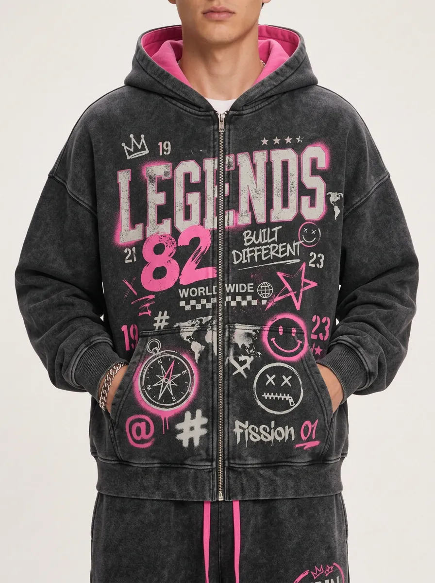 Men's Legends 82 Graphic Pink Neon Printed Zip-up Hoodie