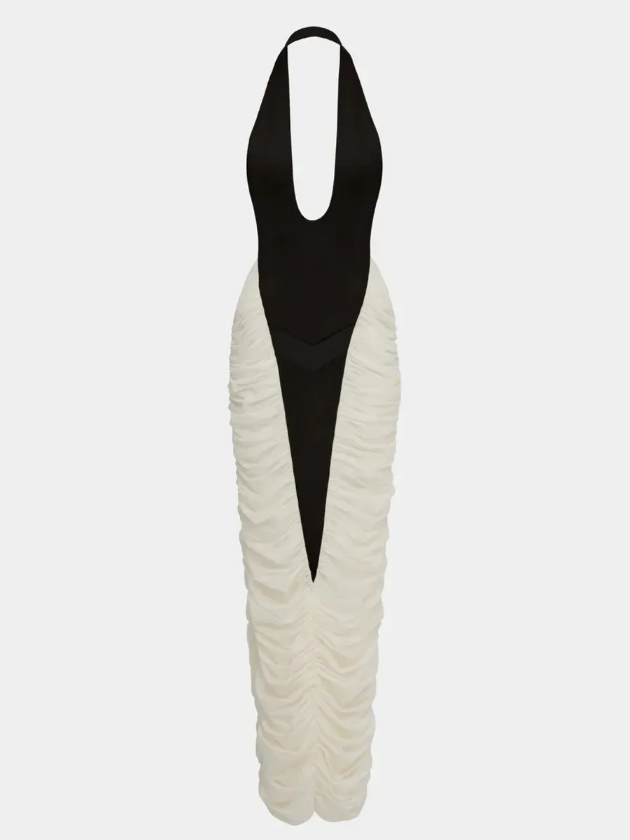 Mia Deep V-Neck Contrast Panel Evening Dress
