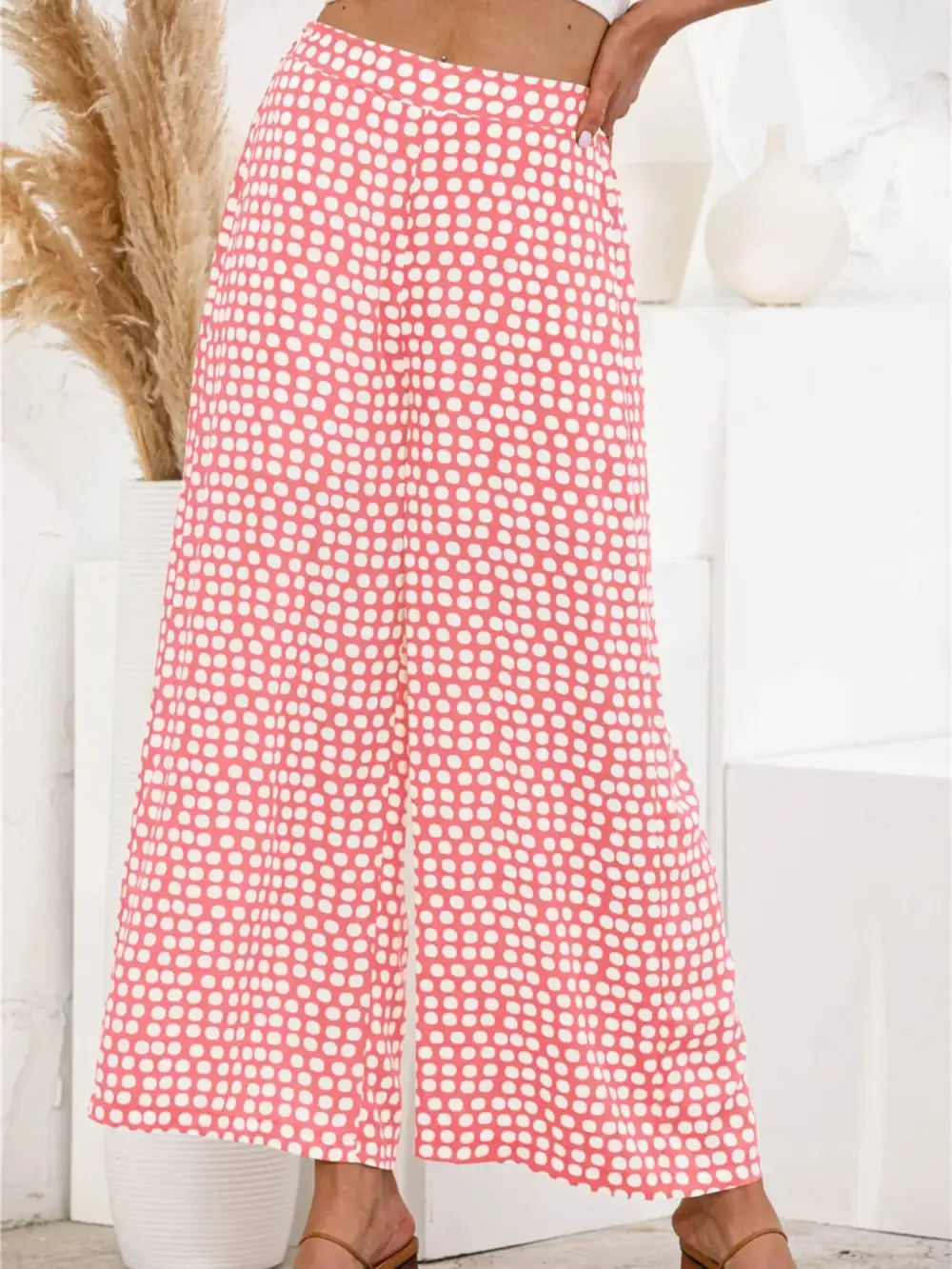Wide Leg Polka Dot Pocketed Casual Pants