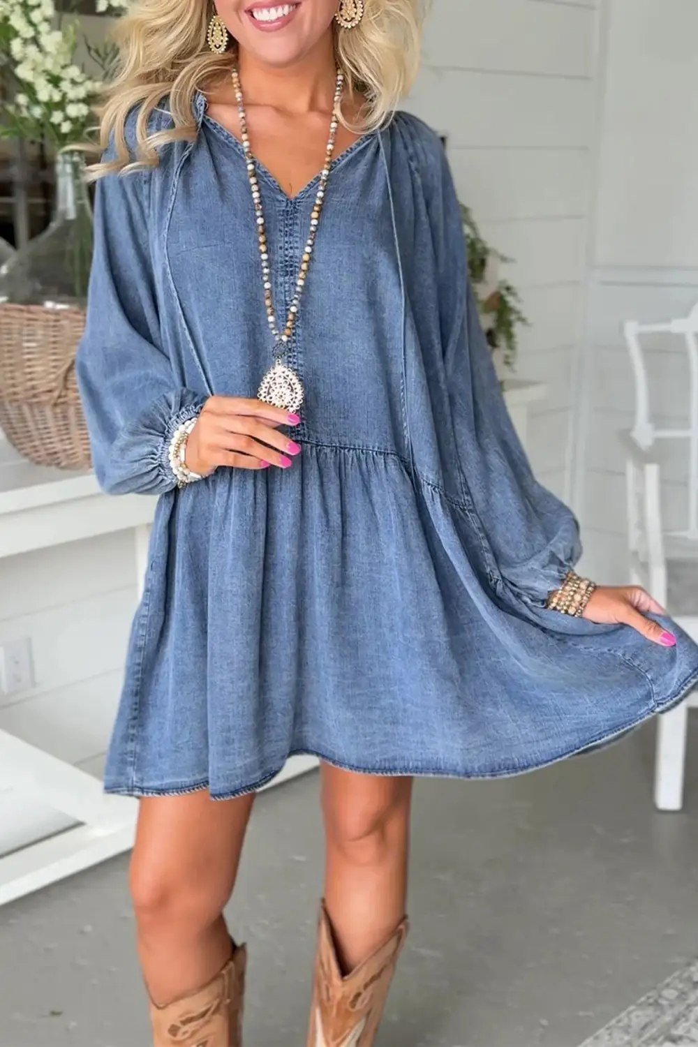Denim Look Ruffle Trim V-Neck Mini Dress
