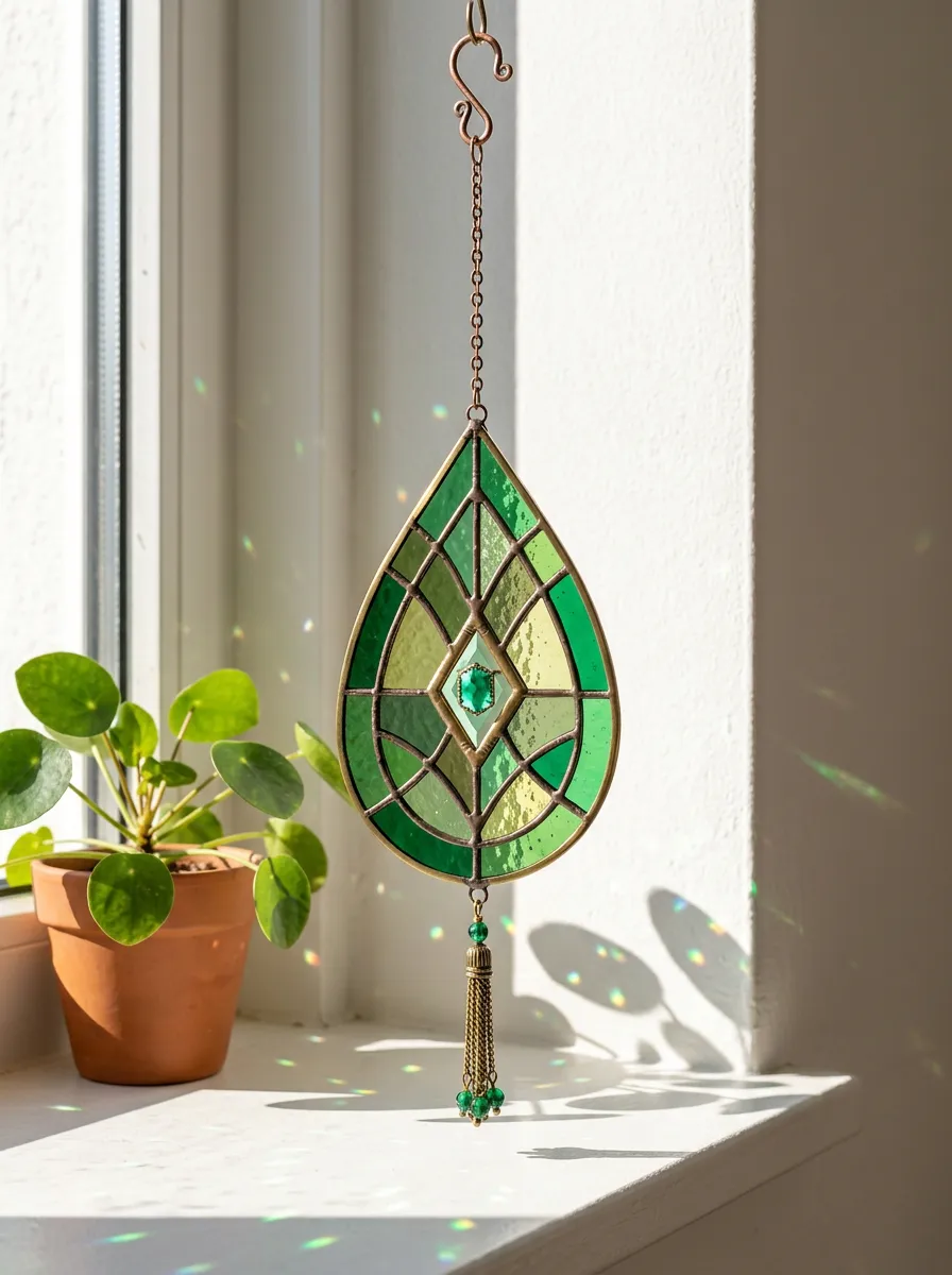 Green Stained Glass Teardrop Crystal Suncatcher Hanging Ornament