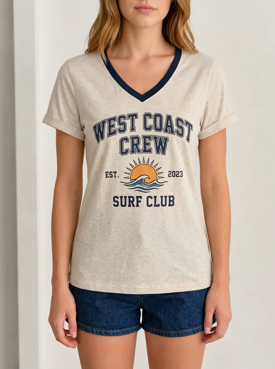 Women's West Coast Surf Club Sun Wave Printed V-neck T-shirt