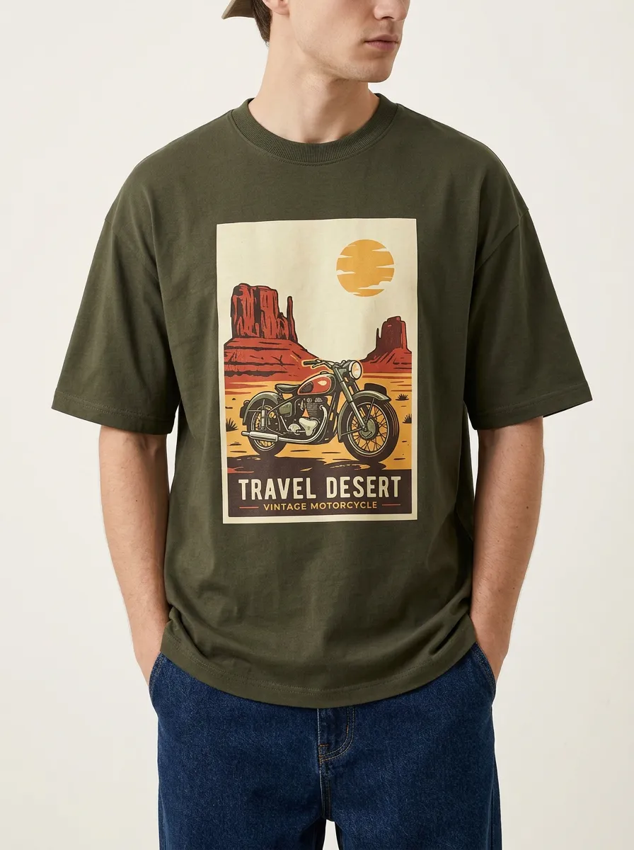 Men's Vintage Motorcycle Desert Printed T-Shirt