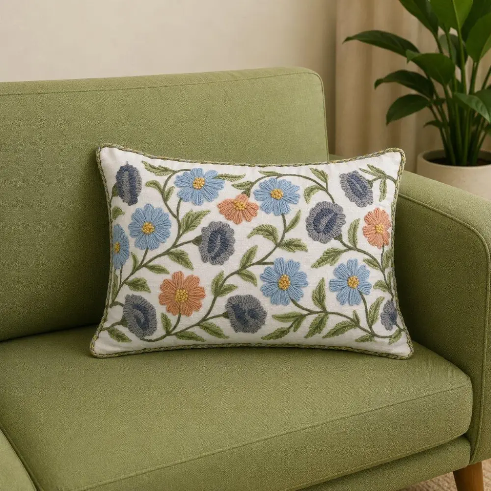 Hand Embroidered Floral Botanical Cotton Lumbar Decorative Cushion Cover