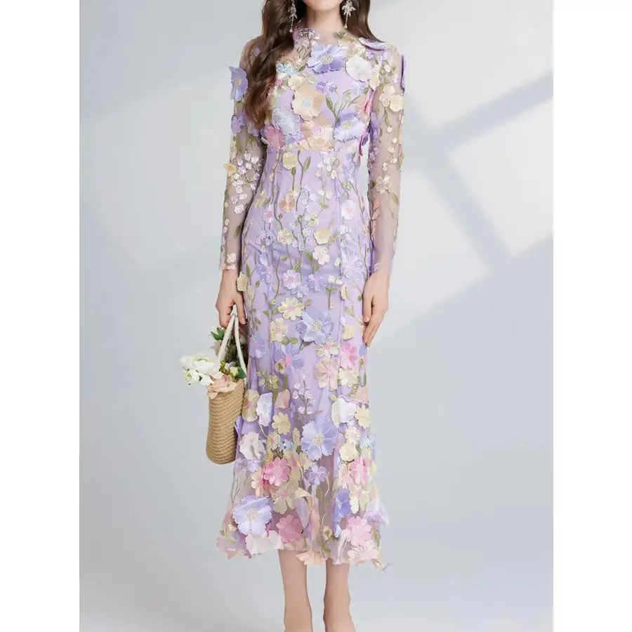 Embroidered Mesh Long Sleeve Midi Dress