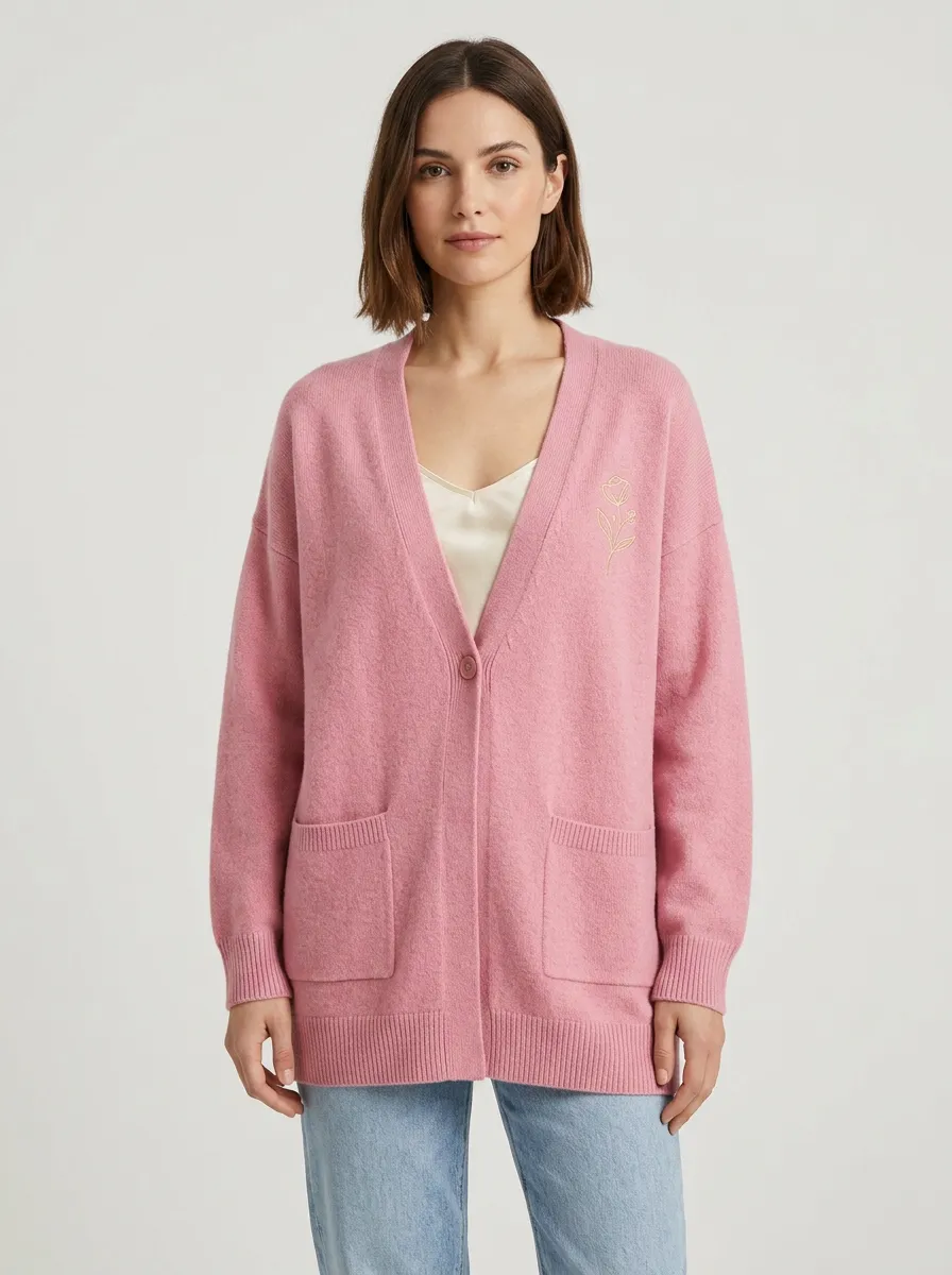 Women's Minimalist Floral Line Art Printed Pink Knit Cardigan