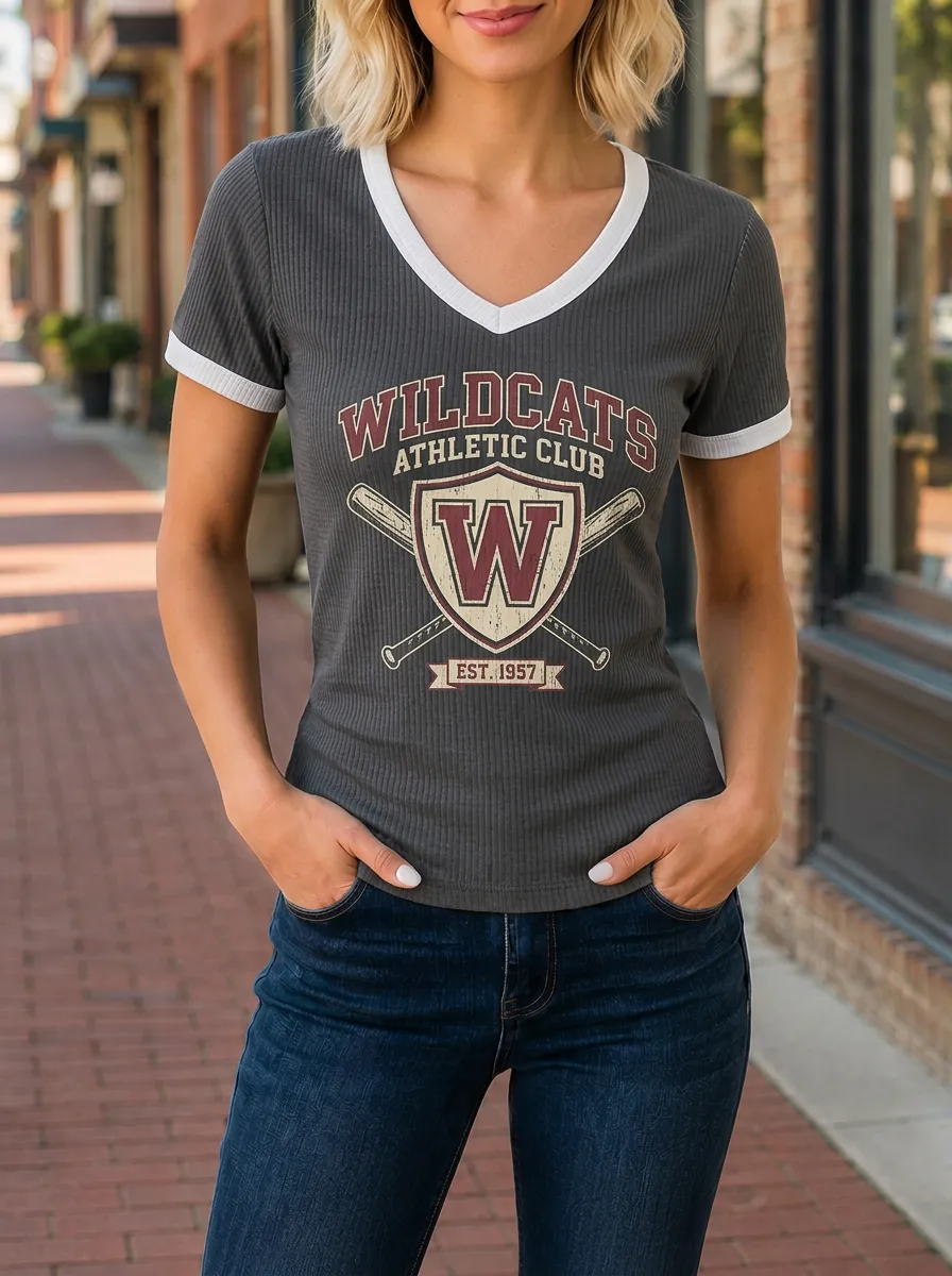 Women's Wildcats Baseball Sports Printed V-neck T-shirt