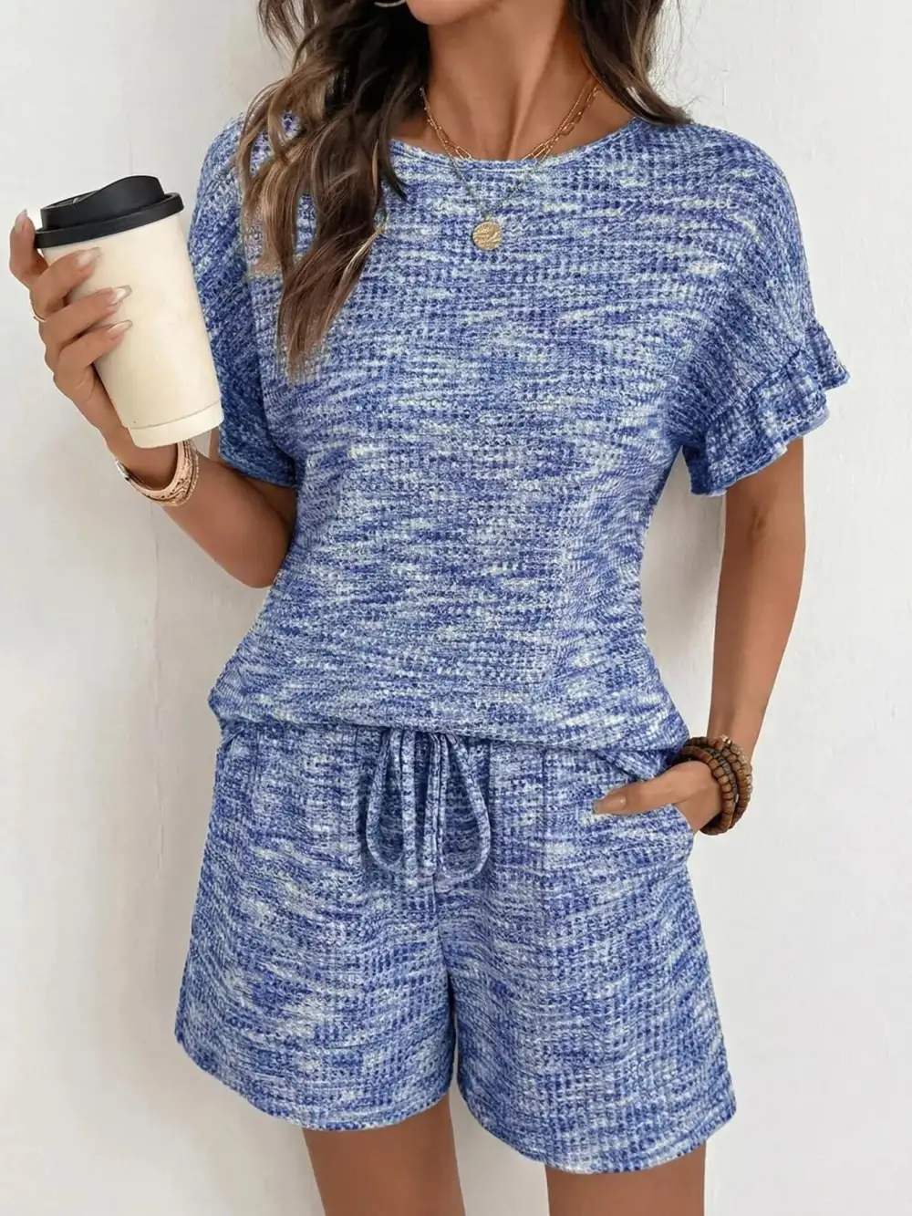 Ruffle Sleeve Textured Top Shorts Set