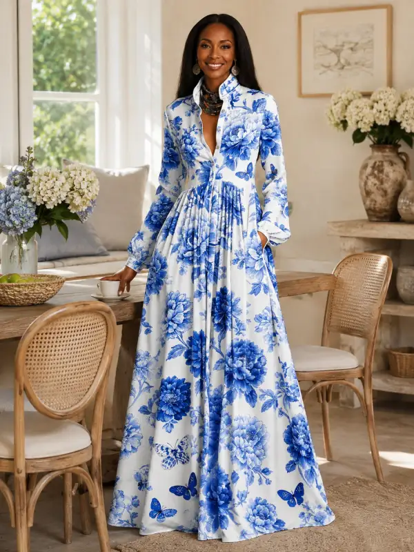 🌿Women's Long Sleeve Printed Maxi Shirt Dress👗